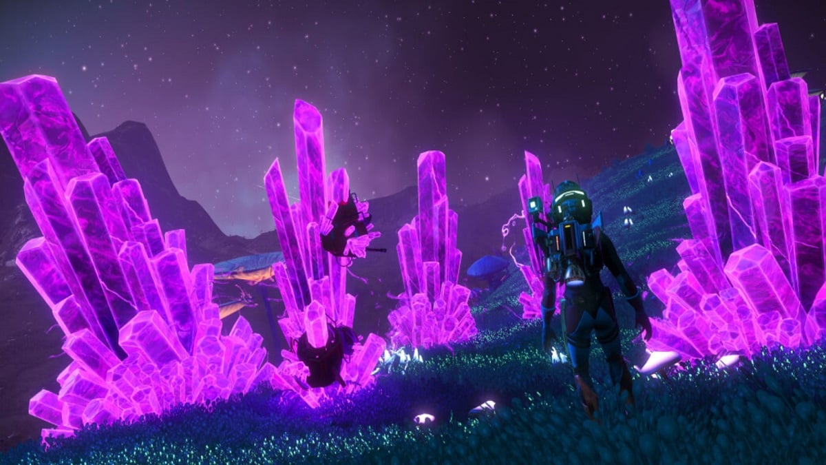 An image of the crystals on the landscape of the Dissident planet type in No Man's Sky.