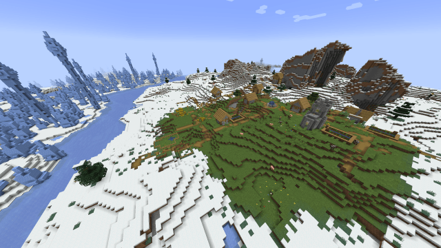 A village sitting untouched by snow within a very snowy and icy biome.