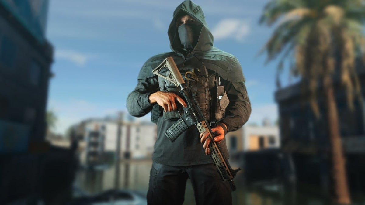 A Warzone 2 operator standing on a street wearing the Apparition Operator skin.