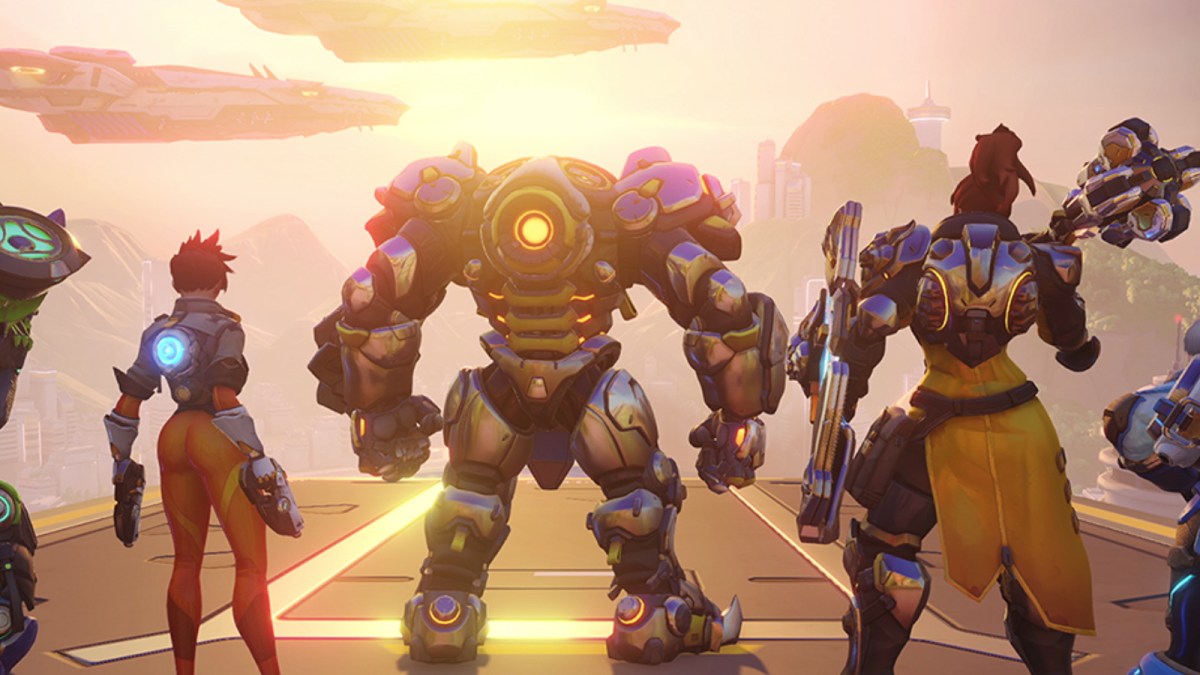 Tracer, Reinhardt, and Brigette gazing at the sunset in Overwatch 2.
