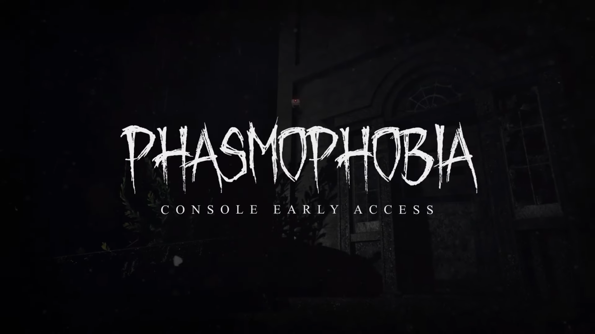 The Phasmophobia logo with "console early access" underneath it in front of a spooky house.