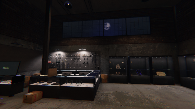 The room players load into when the launch Phasmophobia which has a wall full of equipment and trophy cases loaded with relics from investigations. 