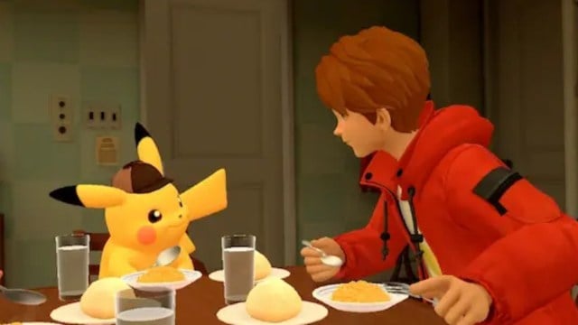 Detective Pikachu and Tim Goodman sit at a table with food and a drink.