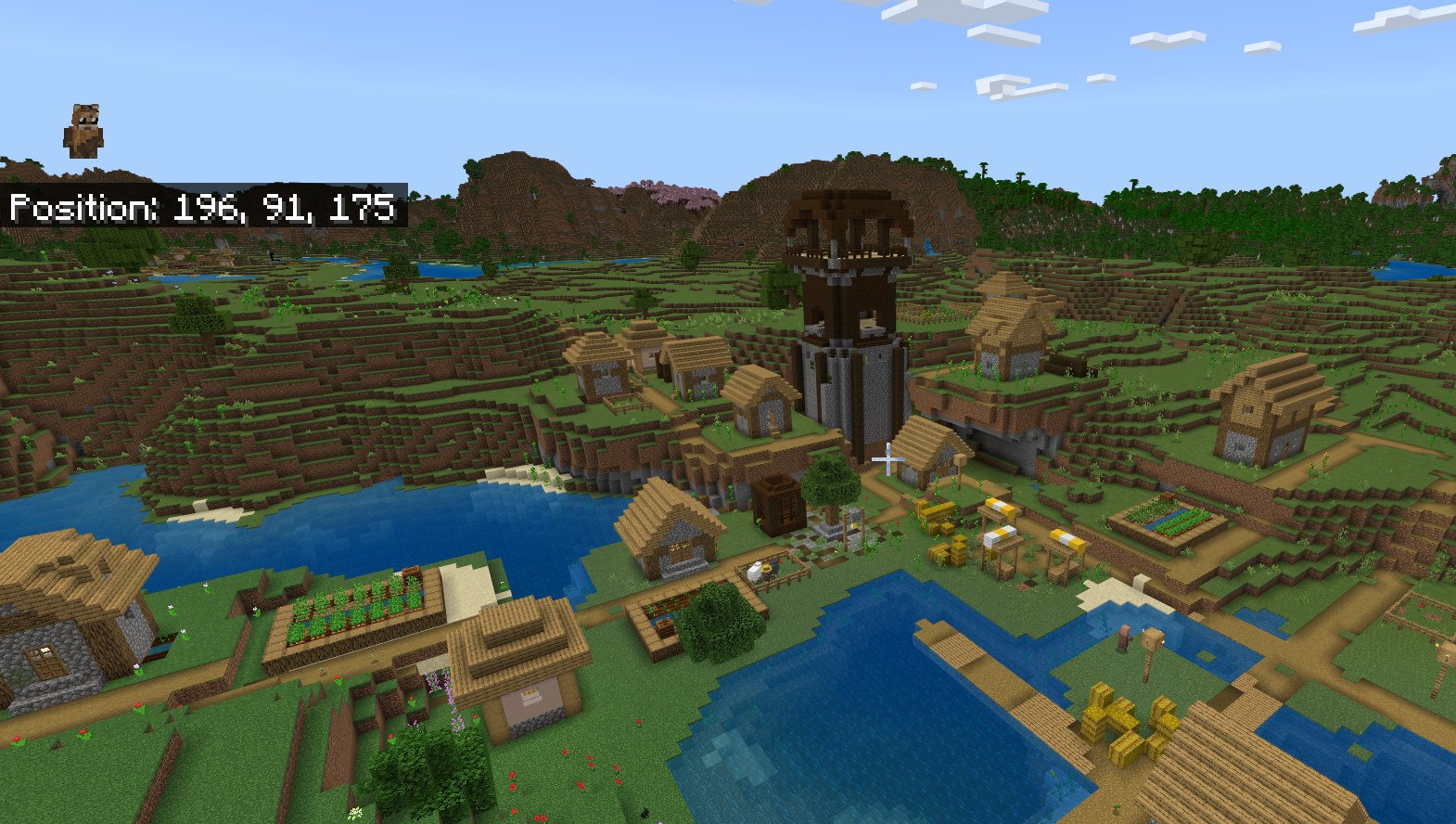 כפר Minecraft עם מאחז פילגר יושב באמצע זה
