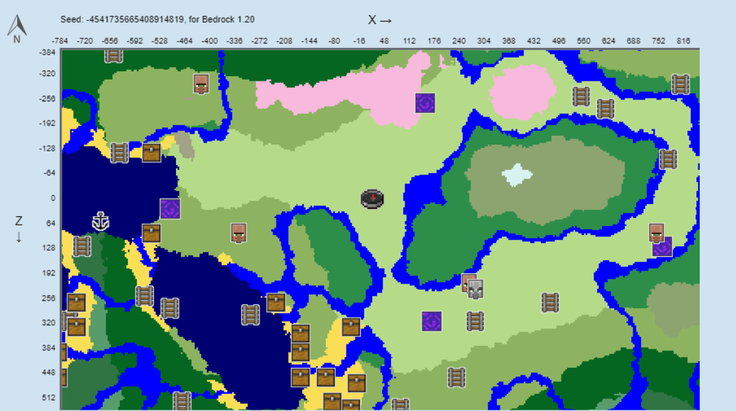 एक Minecraft बीज का एक नक्शा जिसमें एक गाँव और पिल्लेगर चौकी एक दूसरे के ऊपर सही है।