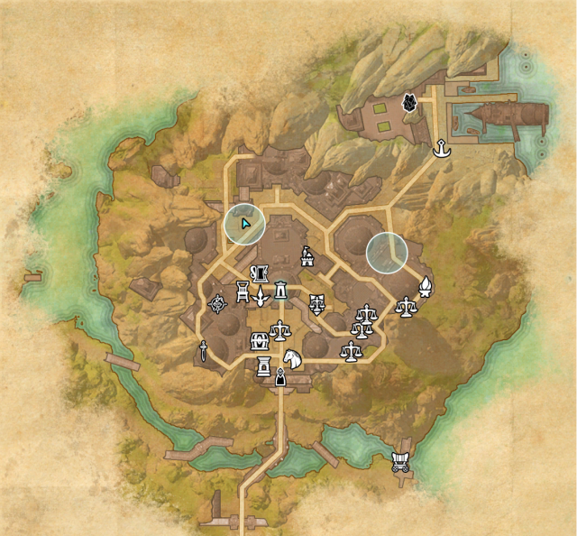 A map of Necrom showing the locations of two NPCs Harn will have you deliver flowers to. The locations are on the north and eastern sides of the city.