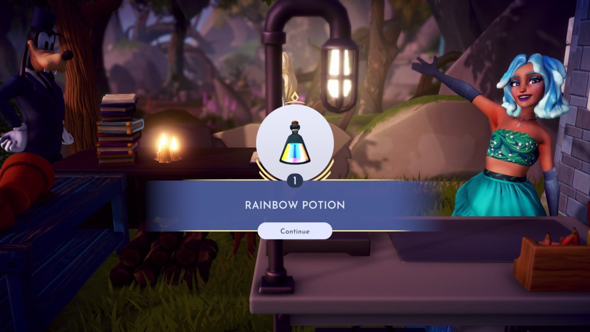 The player standing by a crafting station after they finished making a Rainbow Potion.