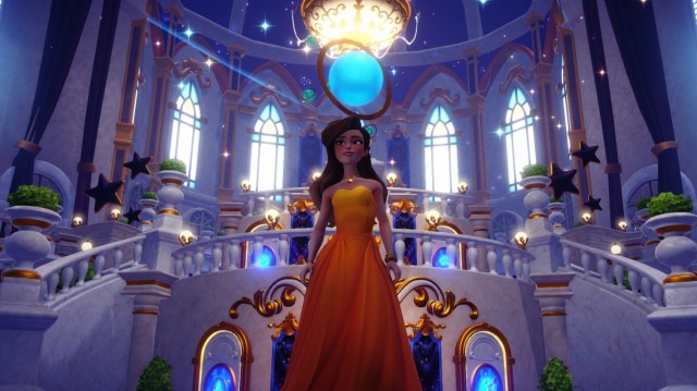 The player standing in front of Realm doors inside the Dreamlight Castle.