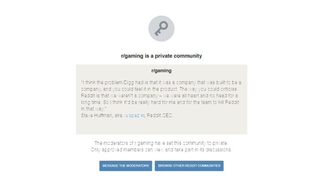 An image showing the r/Games community homepage, set to private in protest of Reddit's API decision.