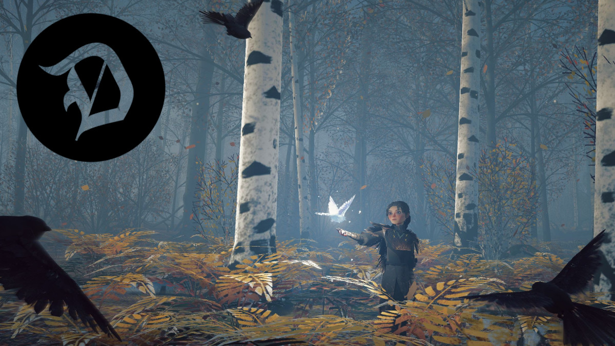 a young woman walks through the woods as crows fly - the dot esports logo is superimposed on top