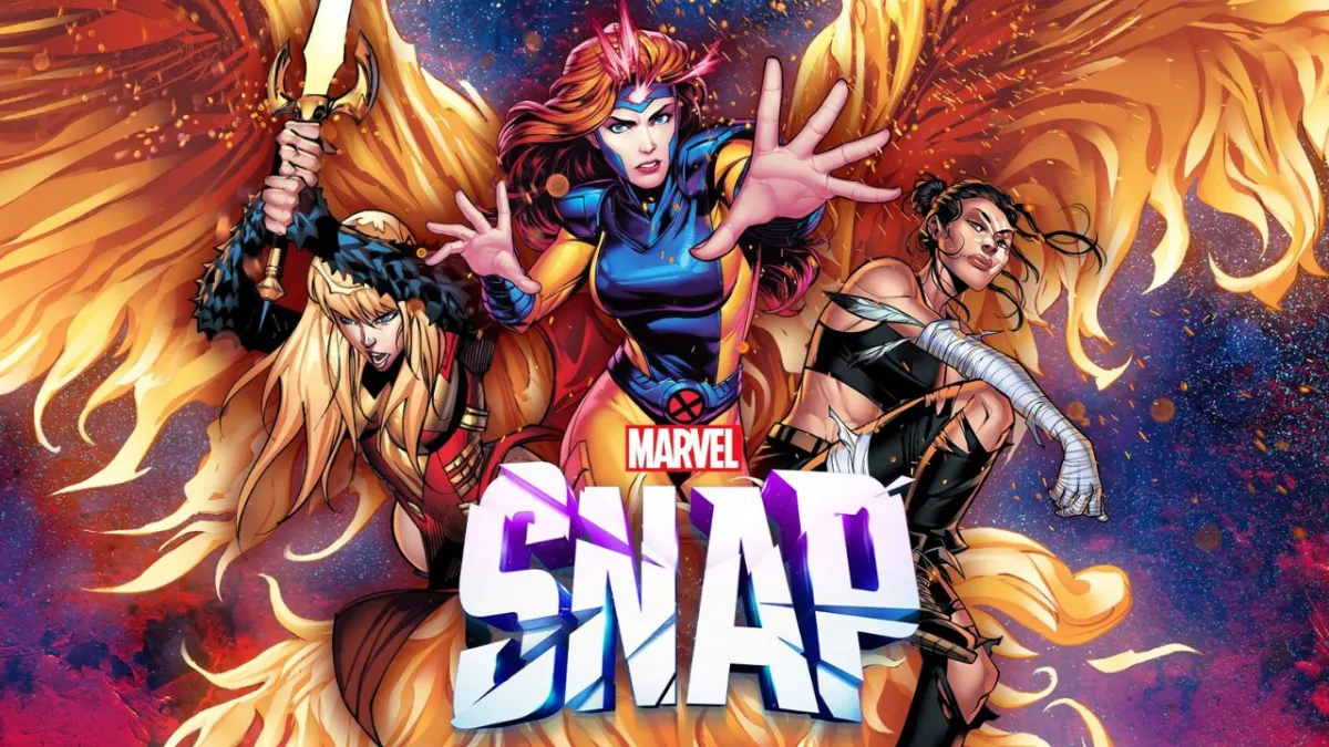 Three women in armor. One with wings, one wearing a headpiece, and another wearing leather in Marvel Snap