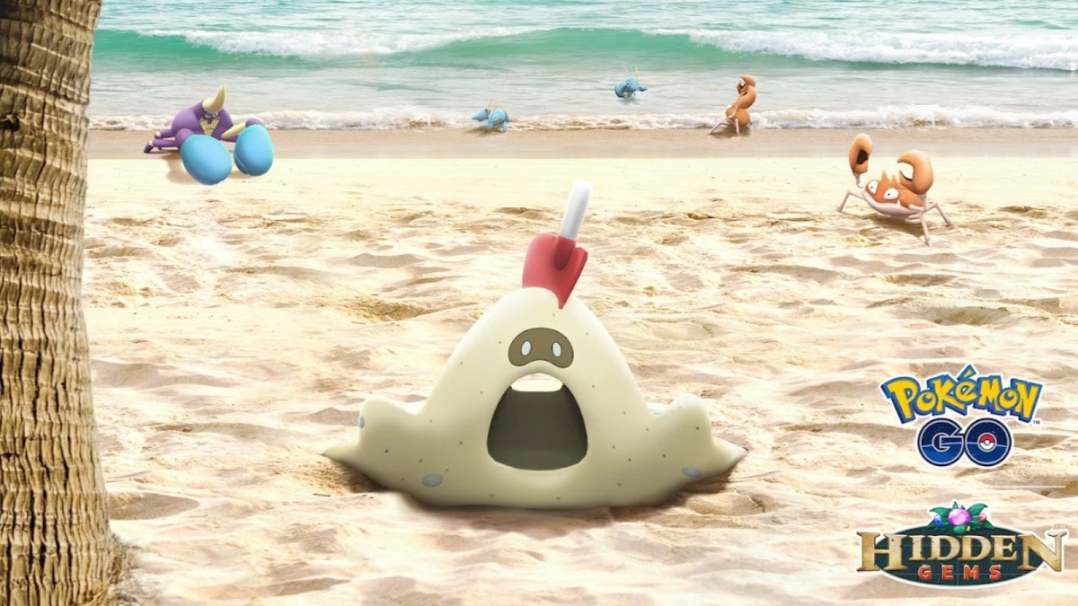 Sandyghast on a beach alongside other Pokémon in Pokémon Go.