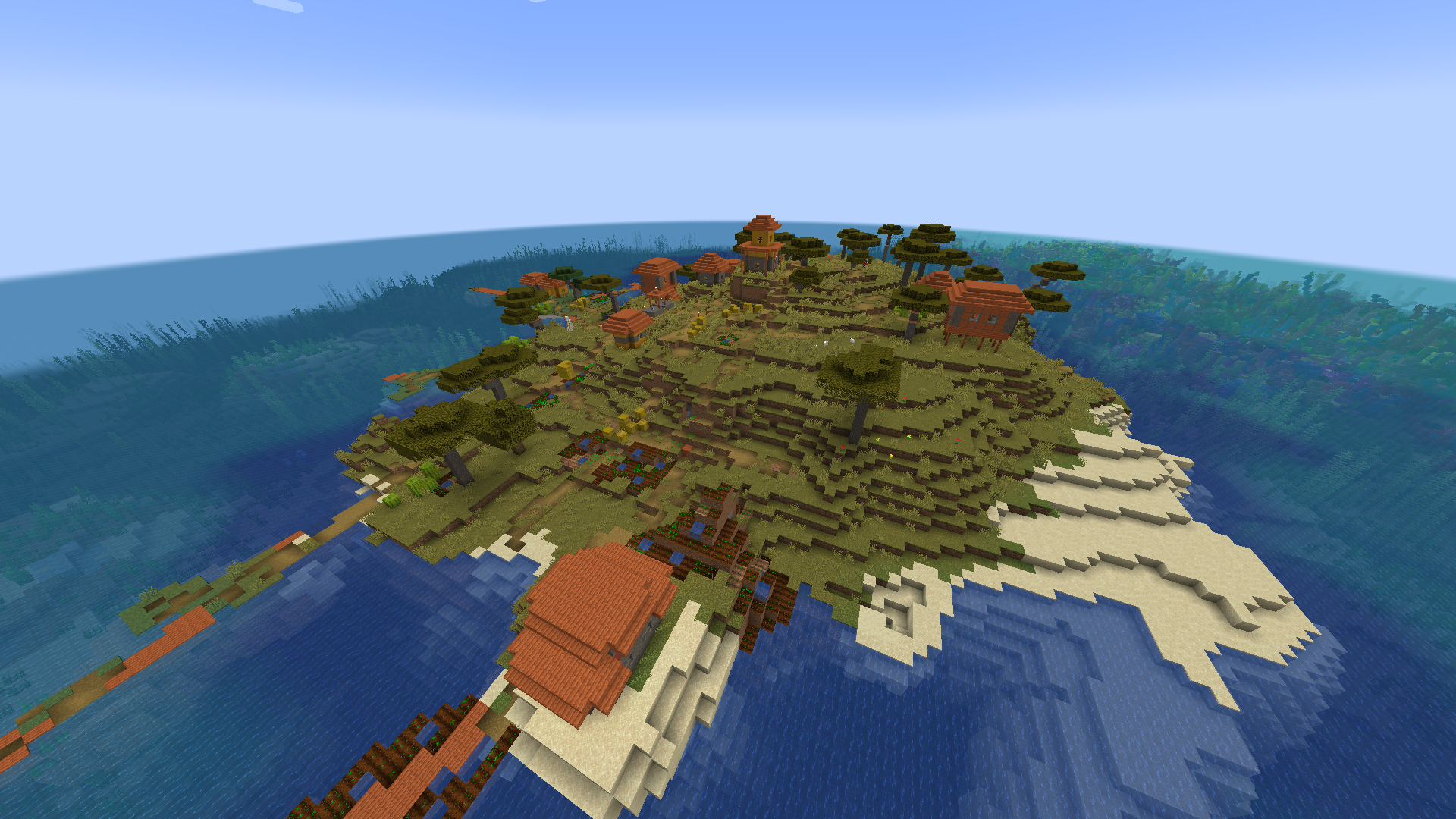 Minecraft में एक द्वीप पर एक सवाना बायोम।