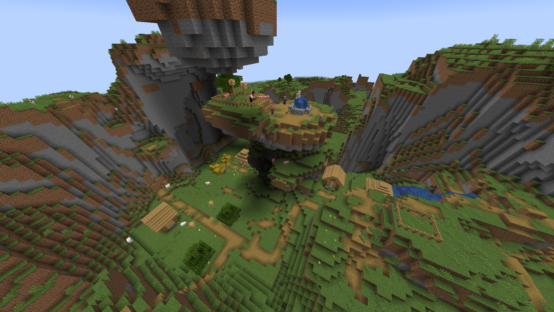 Vesnice v Minecraftu, která je rozložena přes kopce