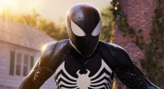 Spider-Man wears the black suit in a close-up look at the character. 