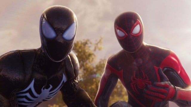Peter Parker wears the black Spider-Man suit alongside Miles Morales.