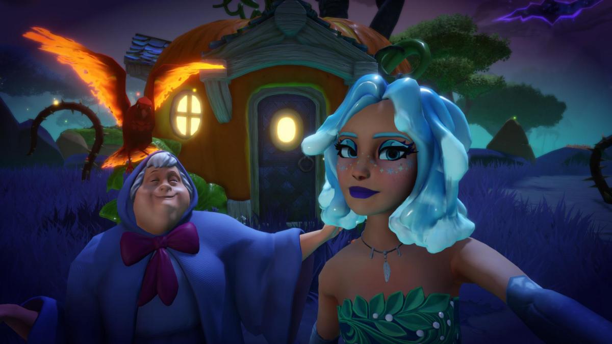 The player taking a selfie with the Fairy Godmother in front of her pumpkin house.