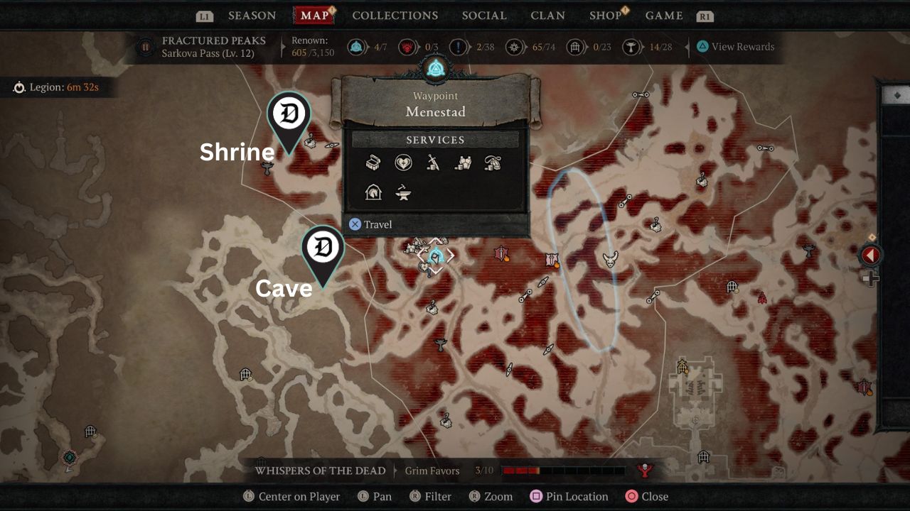 Shrine and Cave locations mapped for the necromancer golem quest diablo 4