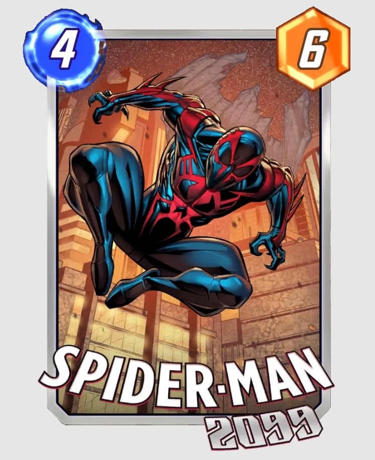 Spider-Man 2099's Marvel Snap card, with four cost and six power.