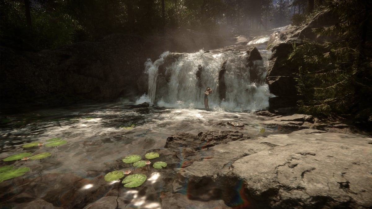 A waterfall and river in sunlight in Sons of the Forest.