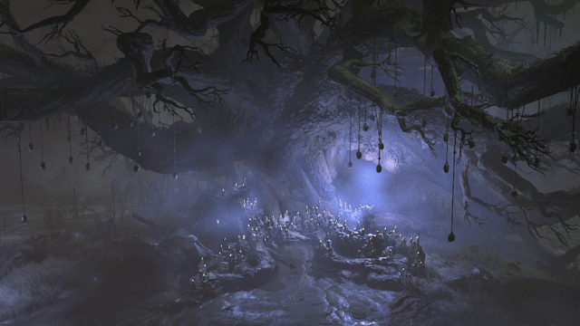 The eerie Tree of Whispers on a gloomy night in Diablo 4.