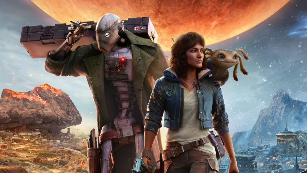 Star Wars Outlaws key art shows Kay and a male character in front of a sun-filled sky.