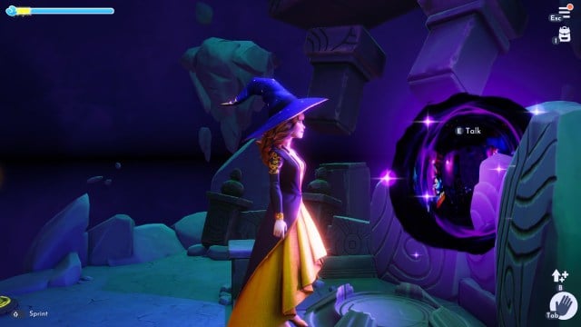 The player looking at a strange talking portal.