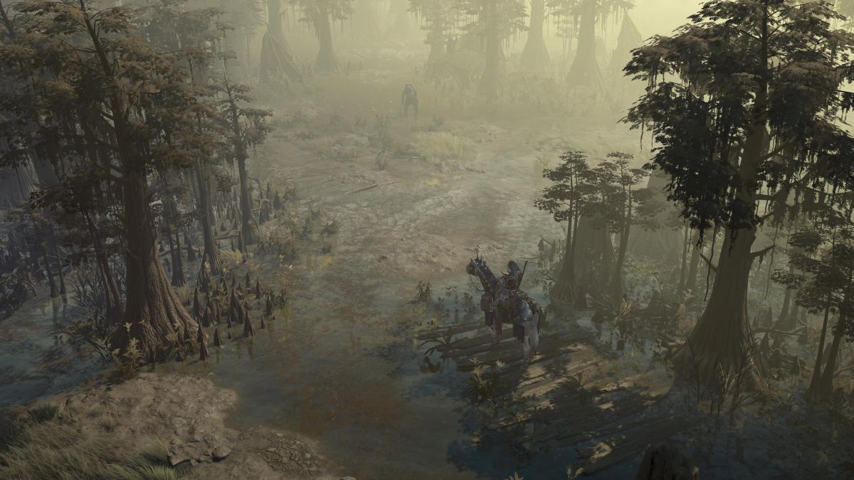 A character on horseback travels through a swamp environment.