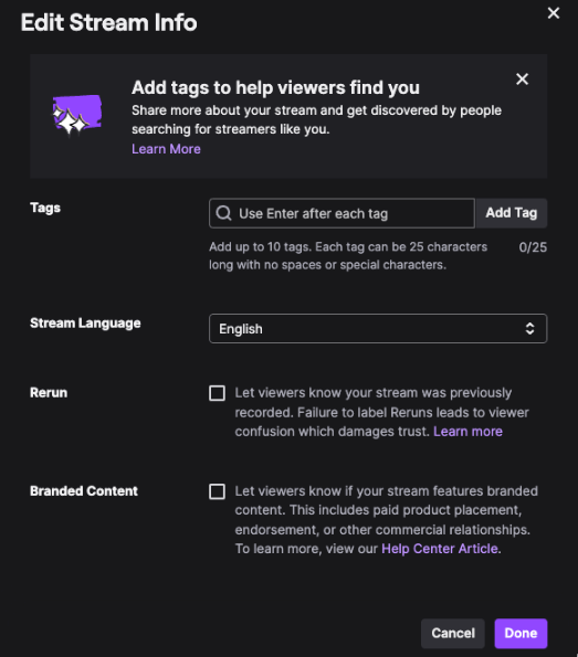 The new branded content checkbox on Twitch's interface.