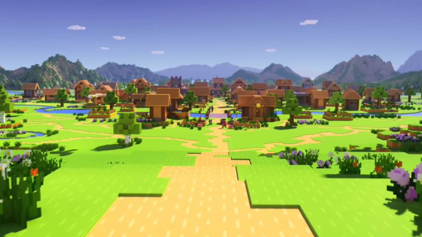 Minecraft में दूरी में एक गाँव की ओर जाने वाला एक रास्ता।