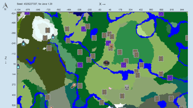 A map of a Minecraft seed spawn area.