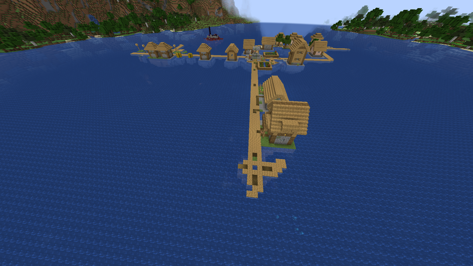 Büyük ve çok derin bir göl üzerinde yüzen bir Minecraft köyü
