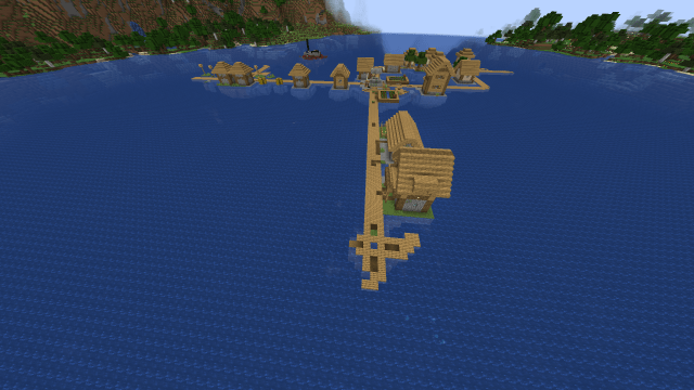A Minecraft village floating over a massive and very deep lake.