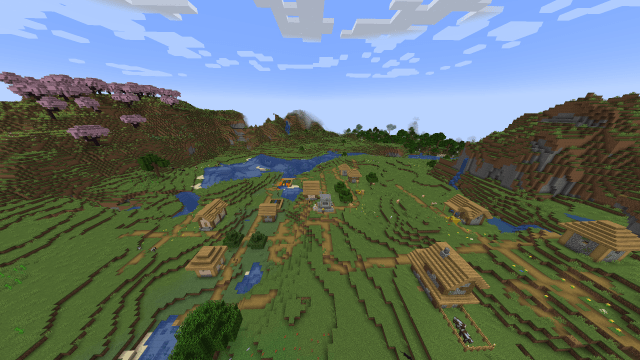 A village sitting surrounded by hills in Minecraft.