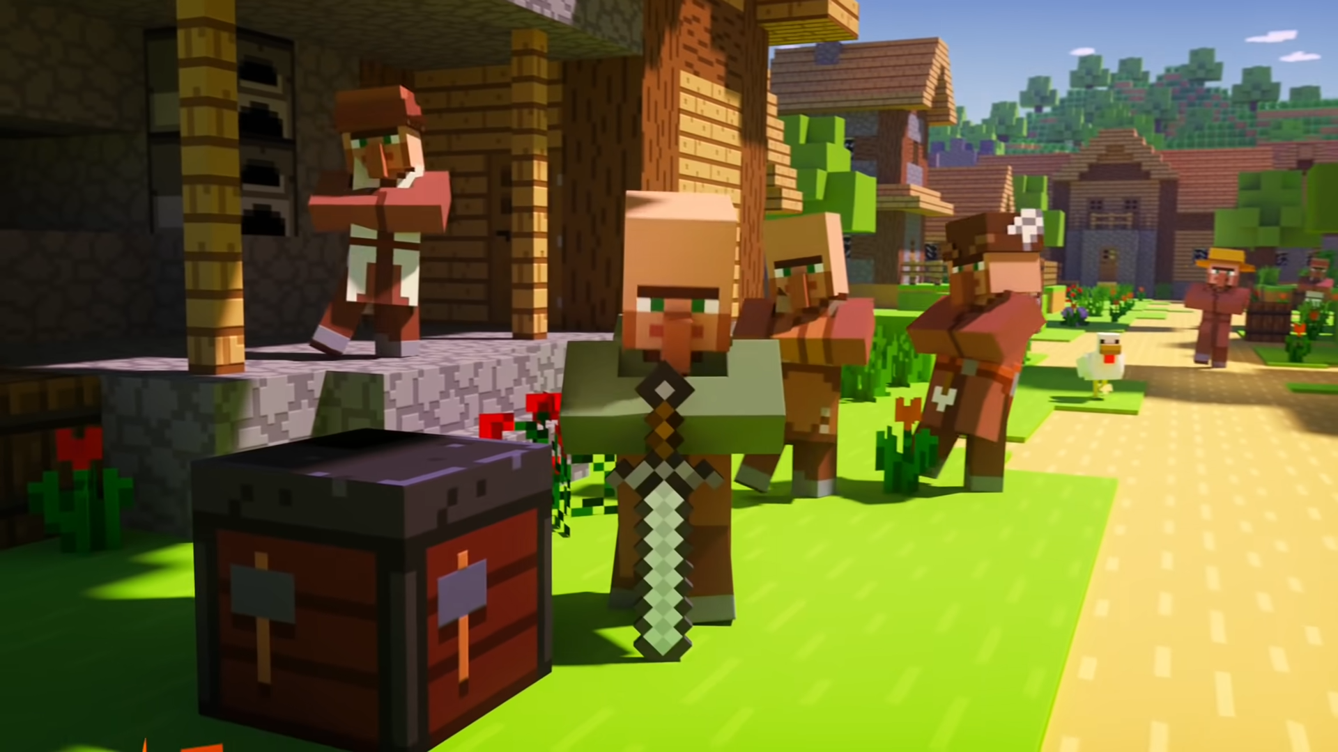Penduduk desa berdiri di sekitar desa Minecraft