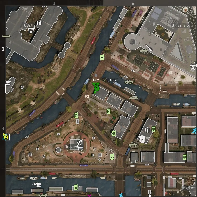 Zrzut ekranu mapy Vondel, z martwą lokalizacją oznaczoną zieloną kropką