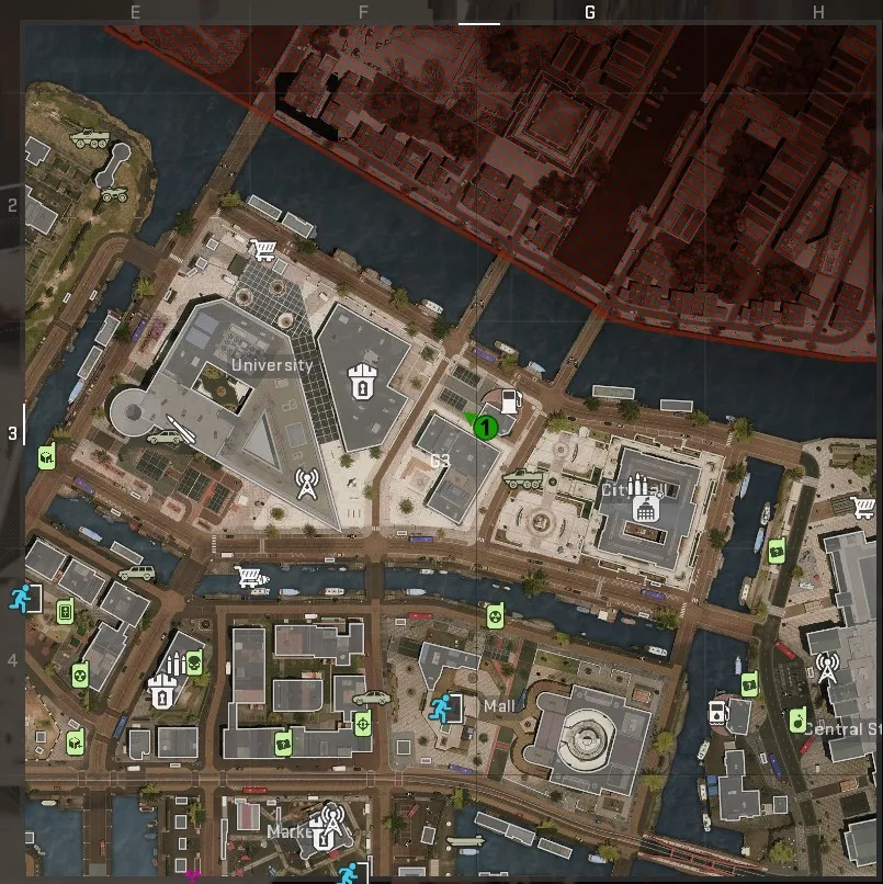 Uno screenshot di una mappa di Vondel, con una posizione di caduta morta contrassegnata da un punto verde