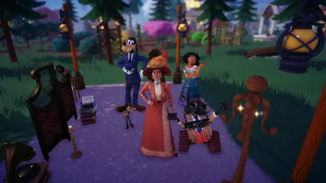 The player posing with Wall-E, Woody, Mirabel, and Goofy at a dance party in the "Strut Your Stuff" quest. 
