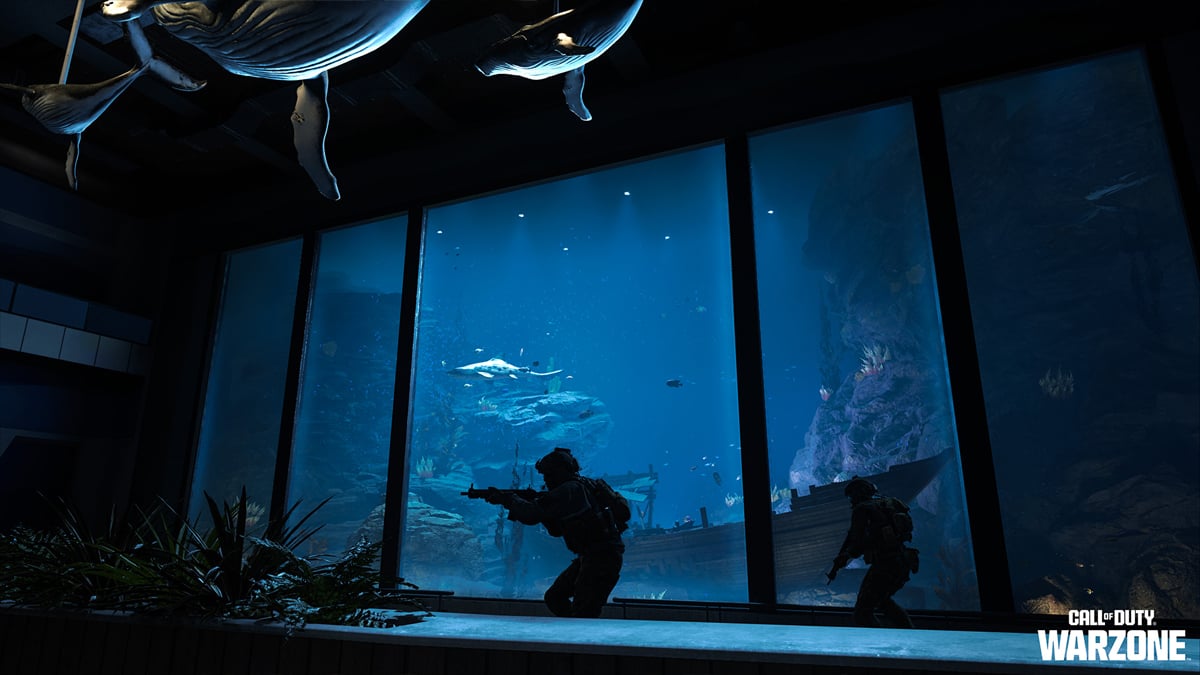 Two DMZ operators sneak through the Vondel Zoo aquarium in Warzone, as a whale swims up to the window behind them.