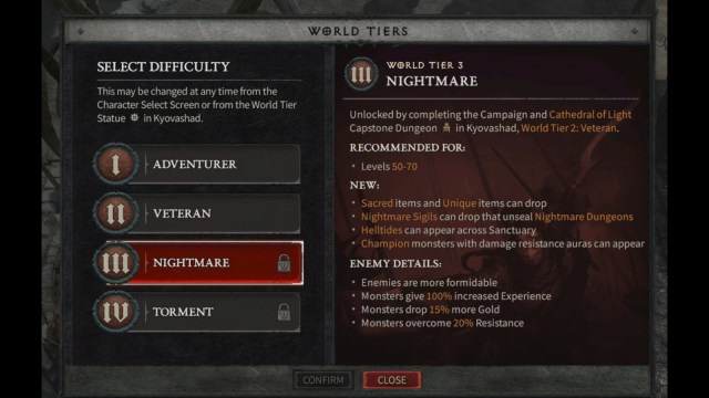 A description of World Tier Three in Diablo 4's menu.