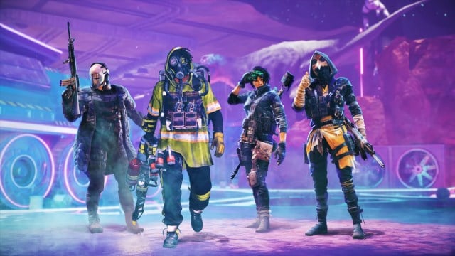 Four of the factions stand side-by-side in front of a bright purple background in XDefiant.