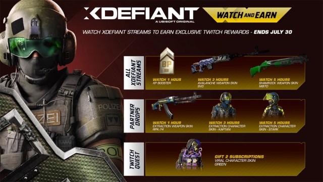 An image consisting of all XDefiant Twitch drops for July 2024.