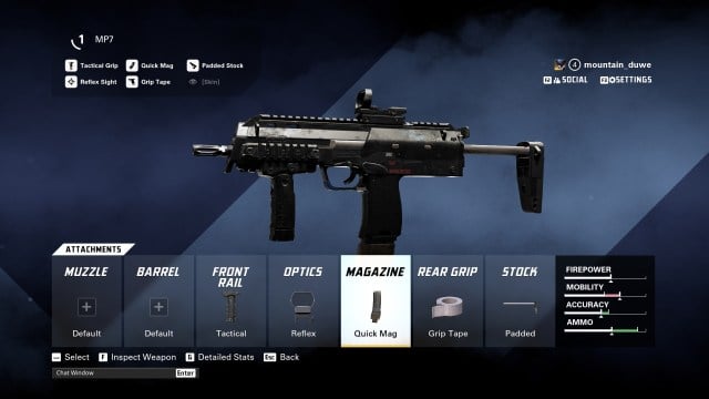 A screenshot of the best MP7 loadout and build in XDefiant.