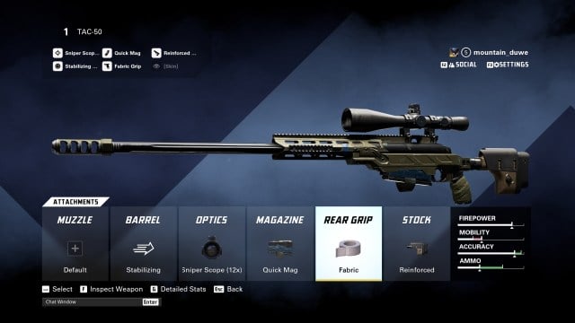 A screenshot of the best sniper rifle loadout for the TAC-50 in XDefiant.