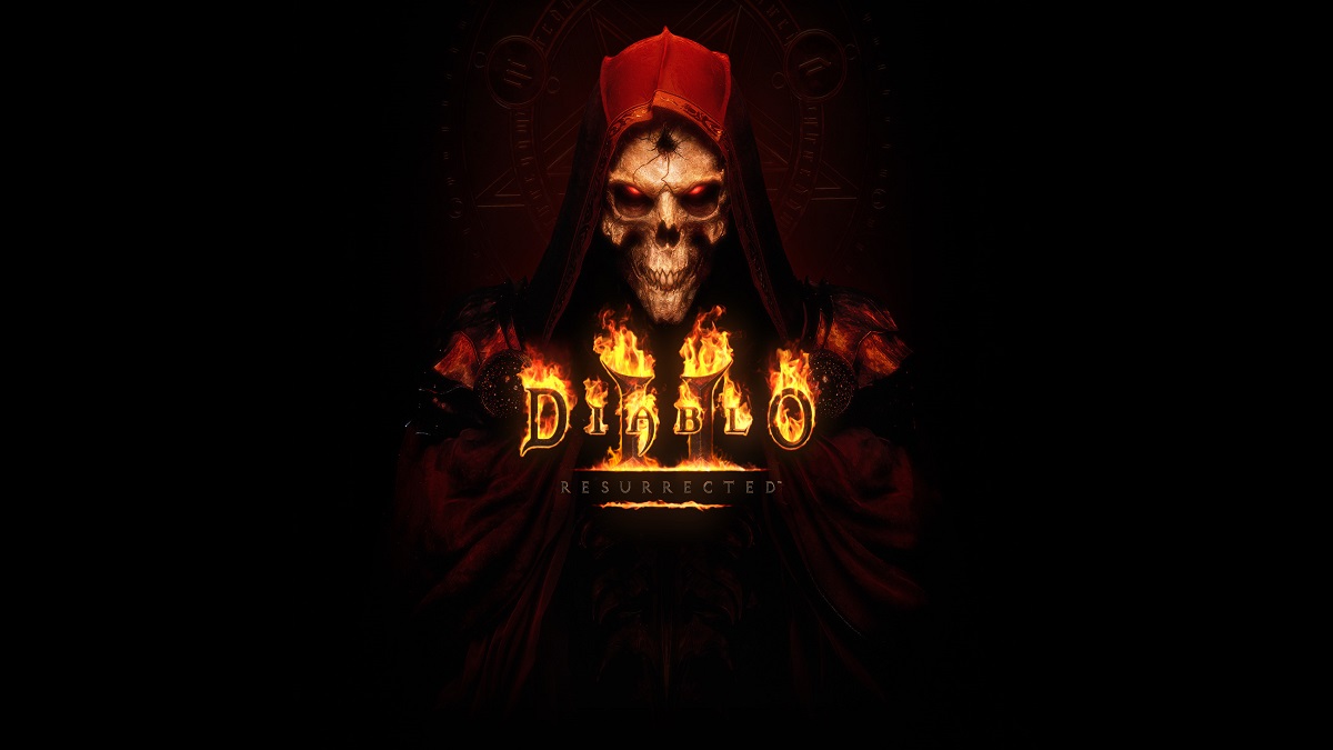 An image of the splash screen showcasing a hooded skeleton for Diablo 2 Resurrected.