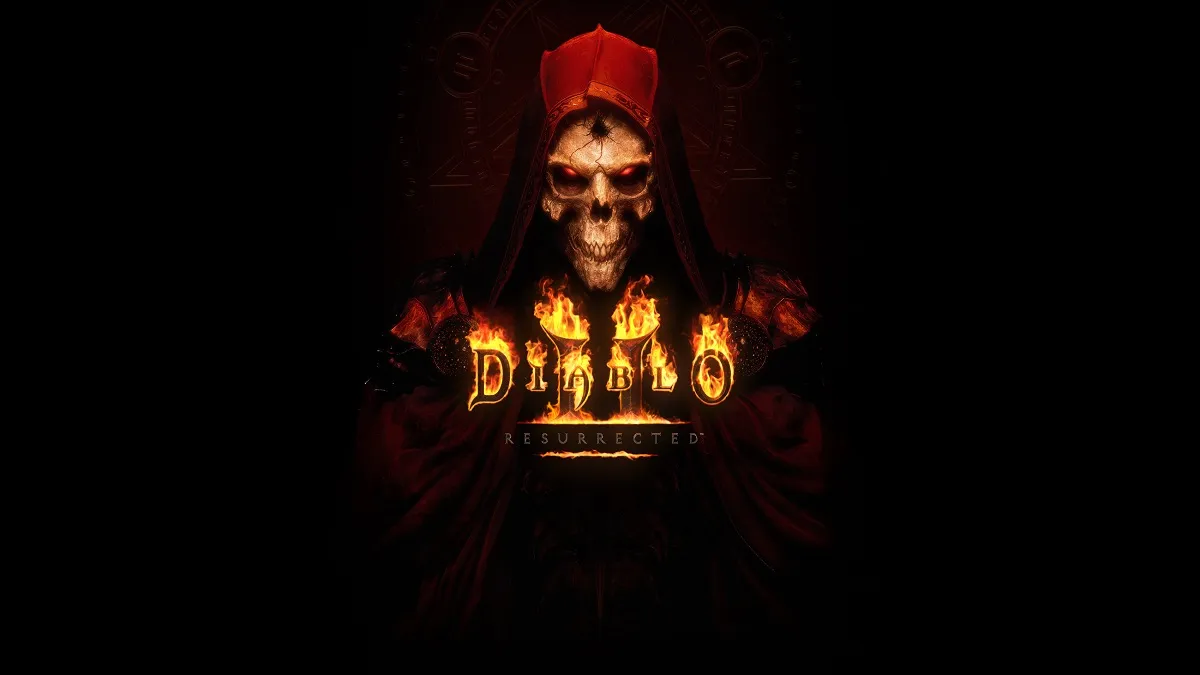 An image of the splash screen showcasing a hooded skeleton for Diablo 2 Resurrected.