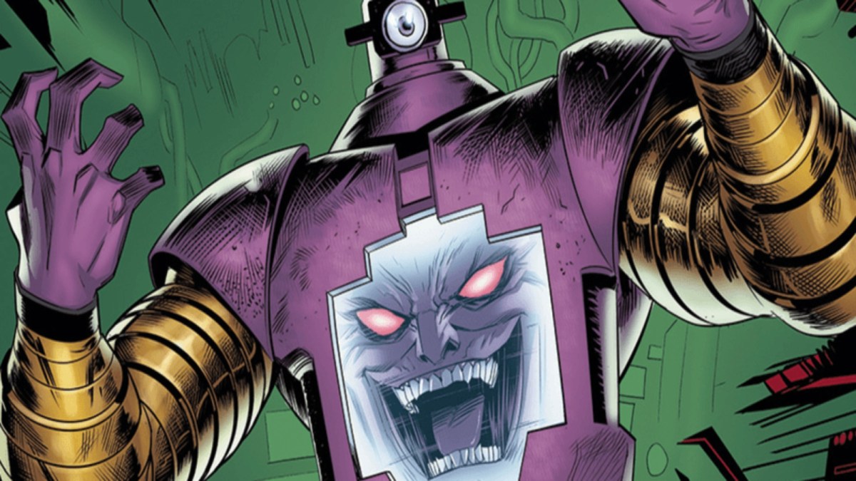 Arnim Zola is shown in an aggressive manner in a Marvel comic.