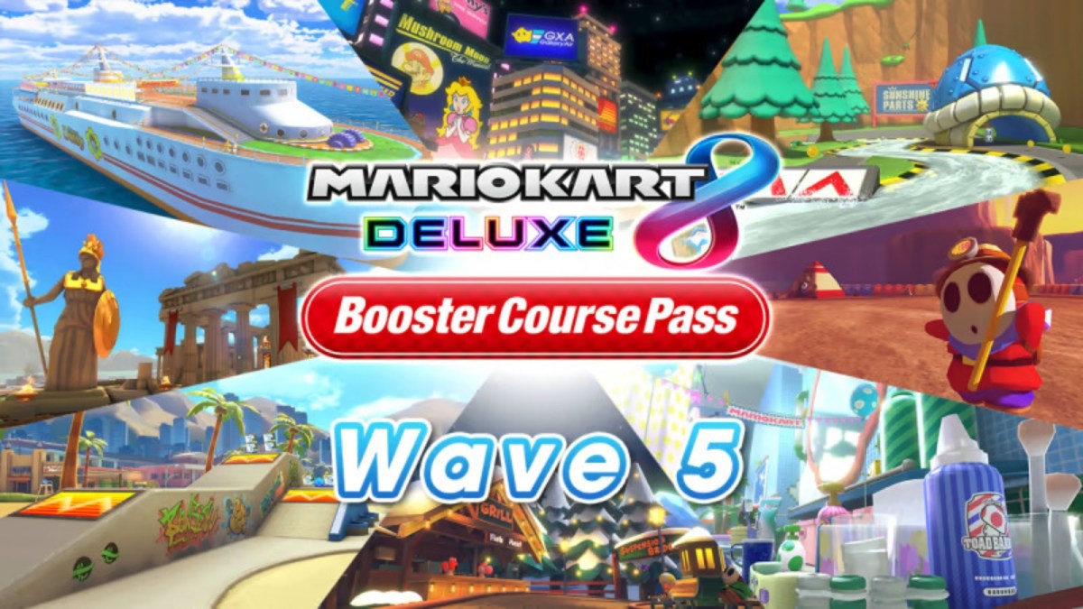 A promotional image for Wave 5 of the Mario Kart 8 Deluxe Booster Course Pass, showing eight new tracks.