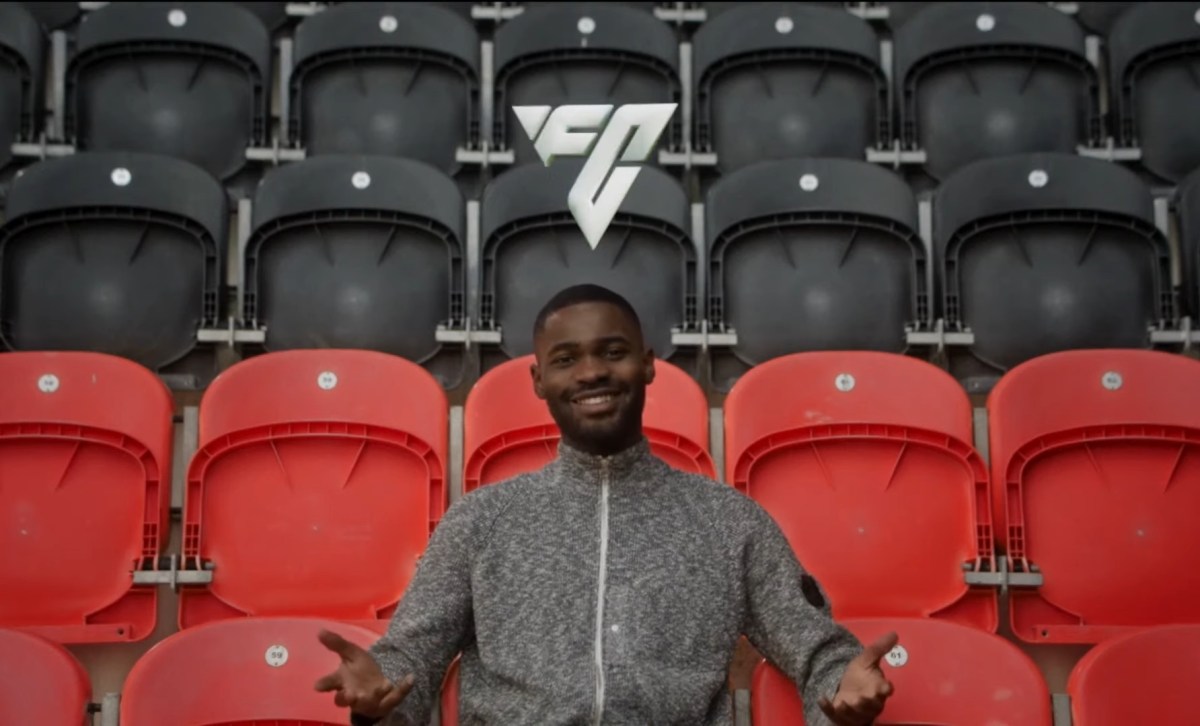 Rapper Dave sitting down with an animated EA FC logo over his ahead.