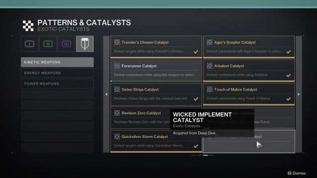 Thhe Collections tab for Patterns and Catalysts showing the Wicked Implement is "Acquired from Deep Dive," with no further explanation.